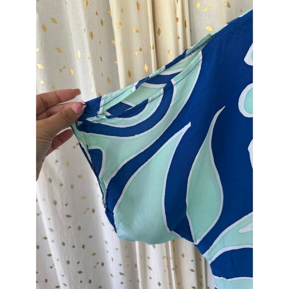 Nahe Wahine Hawaiian Watercolor Batik Mint Blue Flowy Cold Shoulder Blouse XS - Picture 3 of 6